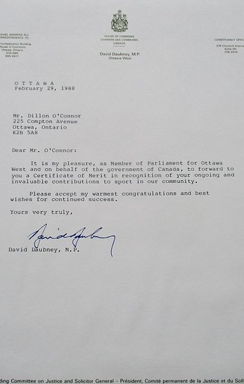 CONGRATULATIONS from D. Daubney on Certificate of Merit from Government of Canada