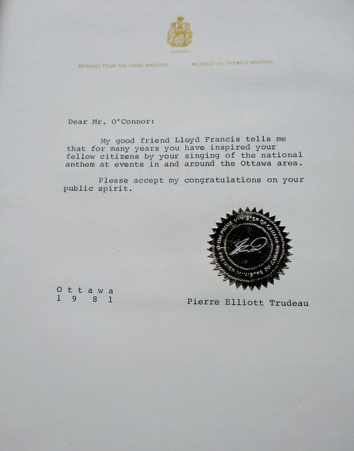 Letter from Canadian Prime Minister Pierre Elliot  Trudeau