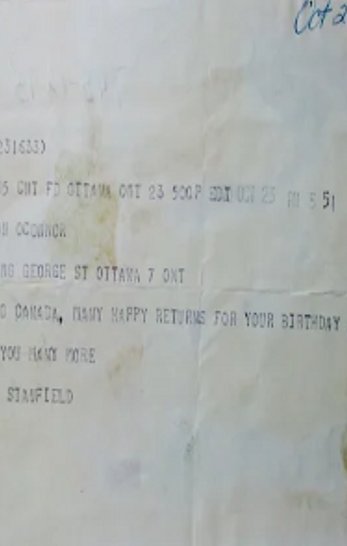Telegram of Birthday wishes from Rht.Honourable Robert Stanfield 1970