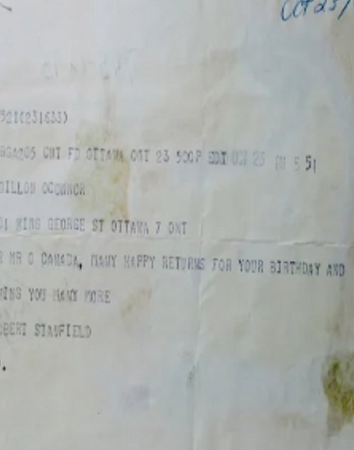 Telegram of Birthday wishes from Rht.Honourable Robert Stanfield 1970