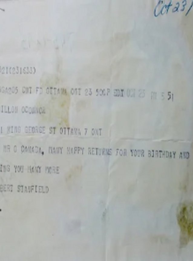 Telegram of Birthday wishes from Rht.Honourable Robert Stanfield 1970
